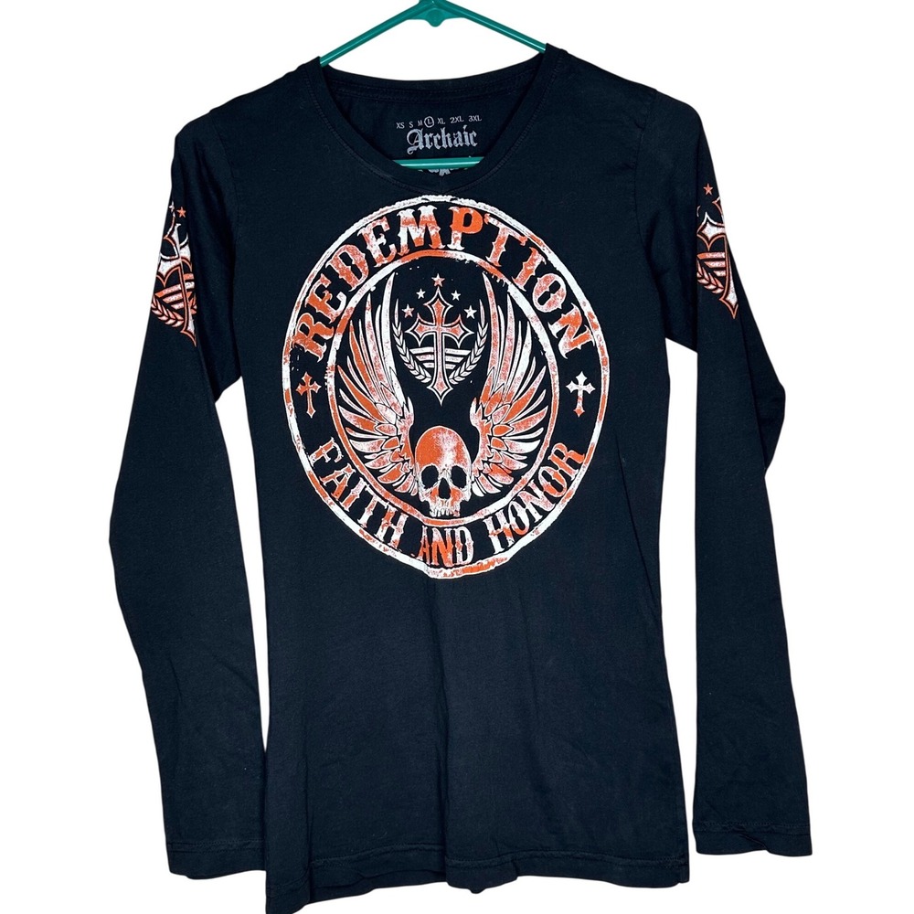 Archaic Women's‎ Black Long Sleeve Skull Wings Faith Honor Graphic T Shirt M/L